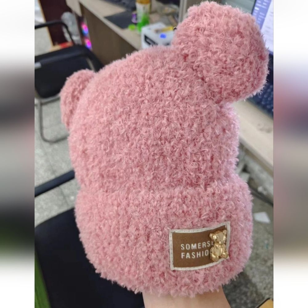 Cute Plush Bear Ear Beanie Hat Women Winter Knit Warm Bonnet Caps Skull Cap